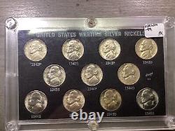 1942-1945 Complete Uncirculated Set Silver War Time Nickels 11 Coins Set in Case