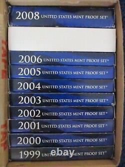 1999-2008 US Mint Proof Set Complete Run, Inc. STATE QUARTERS Boxes & COAs